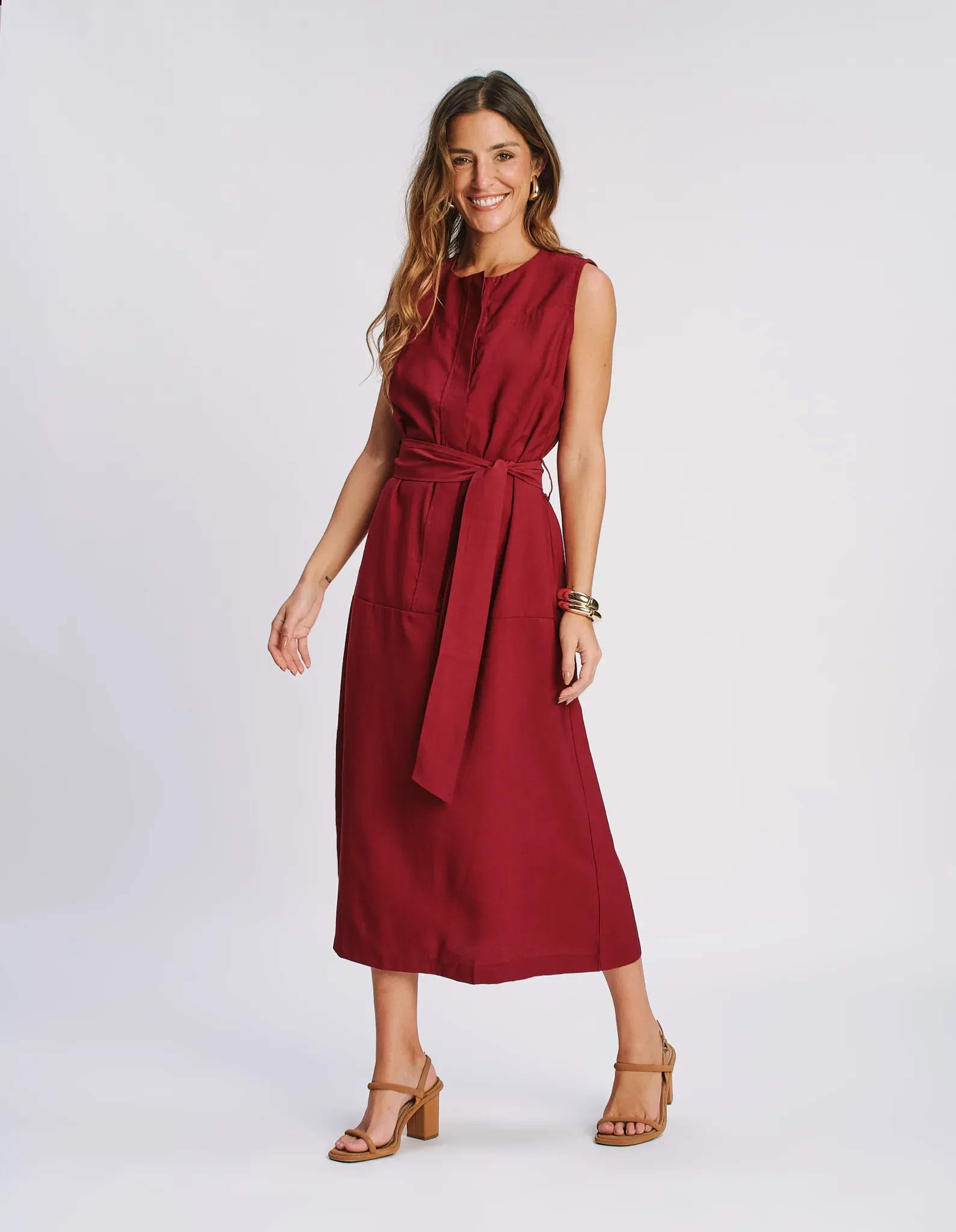 Vestido Sem Manga Faixa Amarração - Vinho