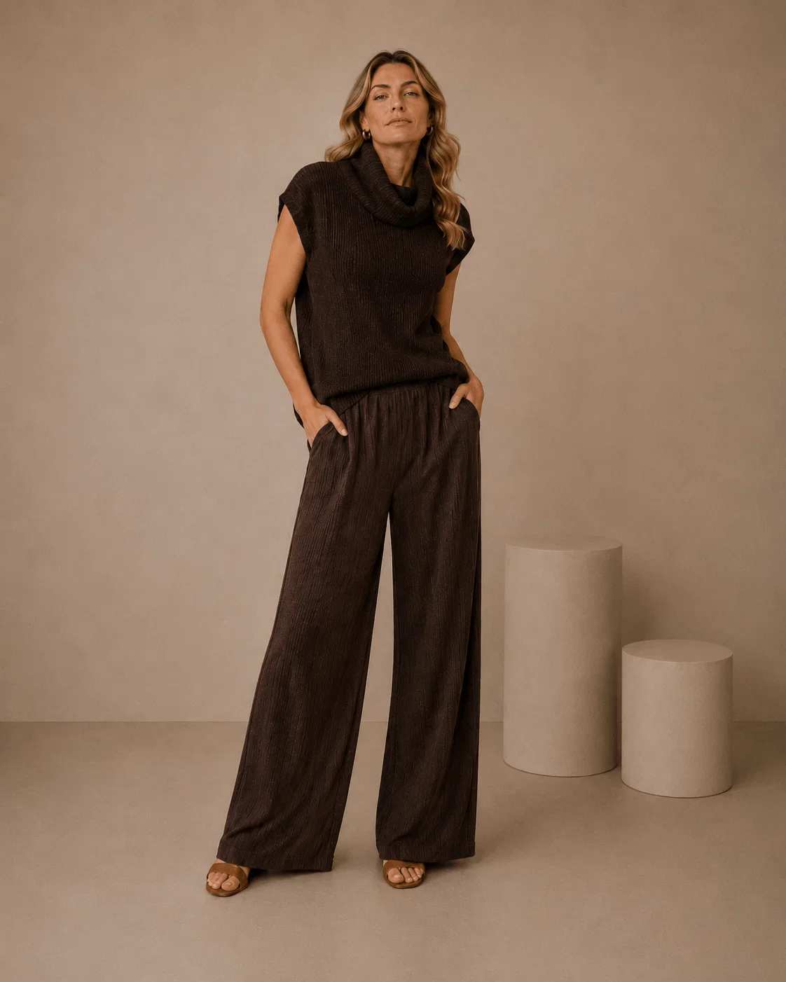 Calça Pantalona Cós Elástico - Marrom