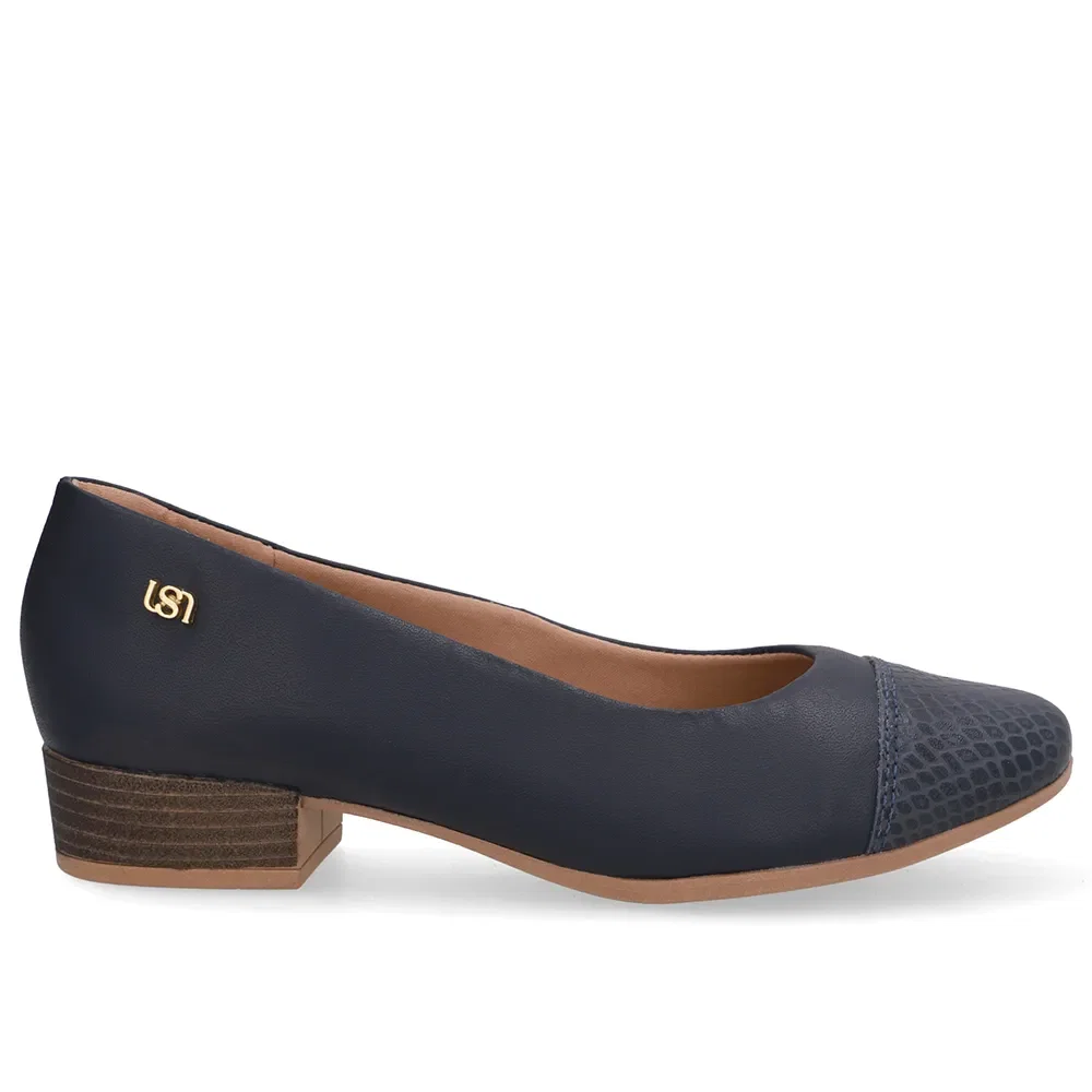 Scarpin Azul Salto Bloco Couro