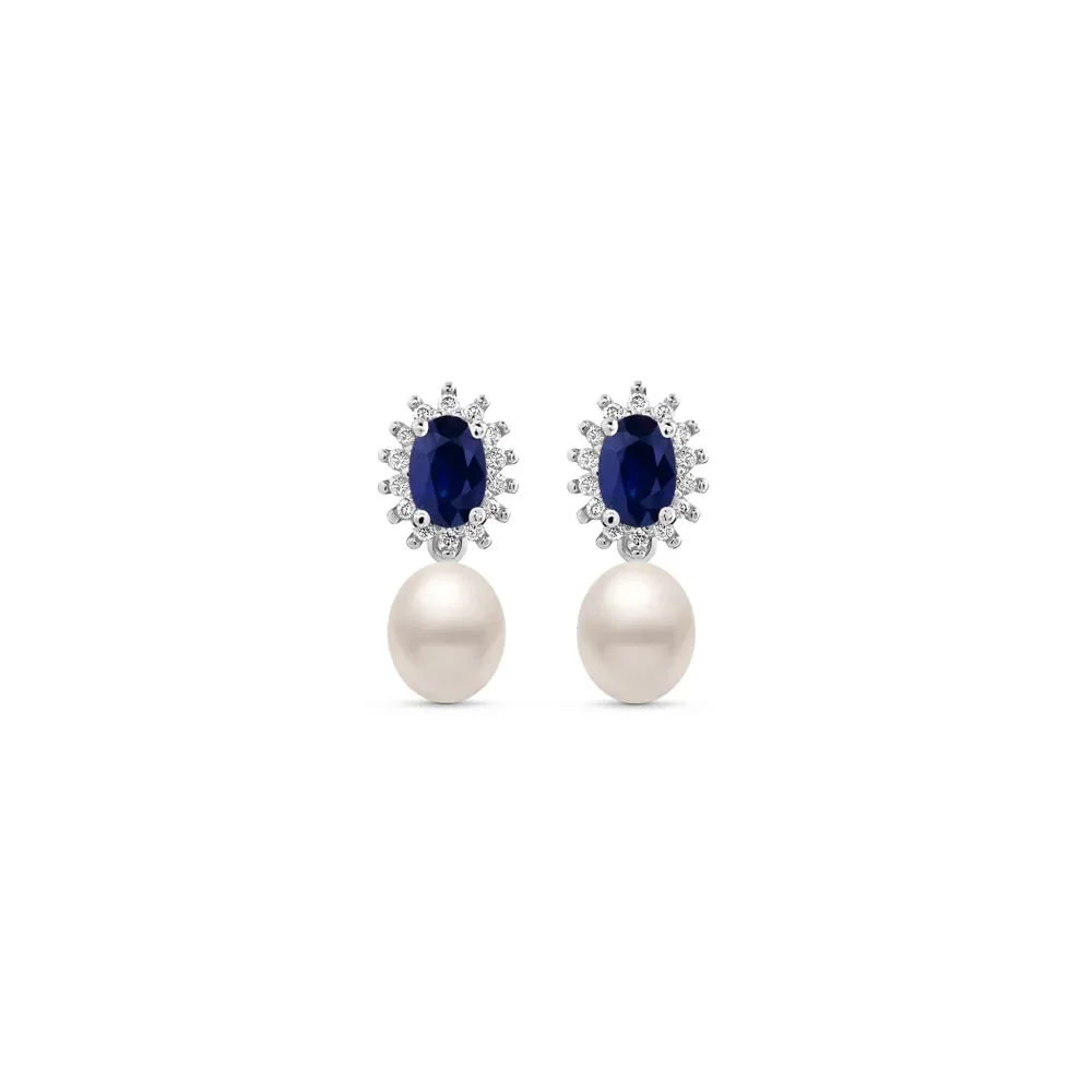 Brinco Classic em Ouro Branco 18k com Pérola, Safira Azul e Diamantes — imagem 1