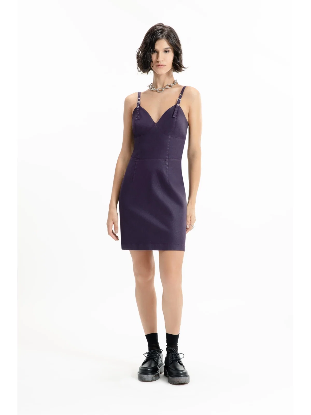 Vestido Leather Denim Buckle Mini Beringela