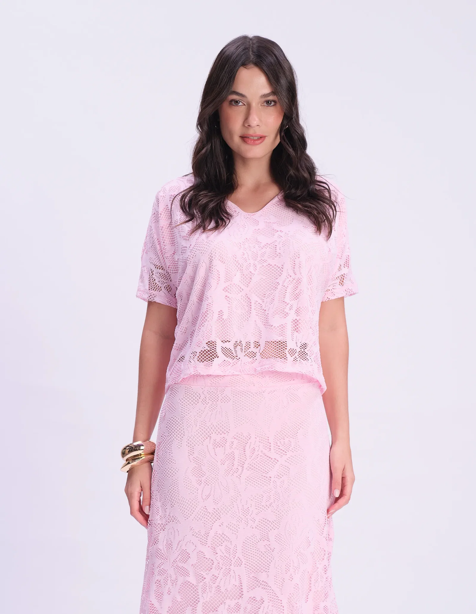 Blusa Manga Curta Renda Flores - Rosa — imagem 1