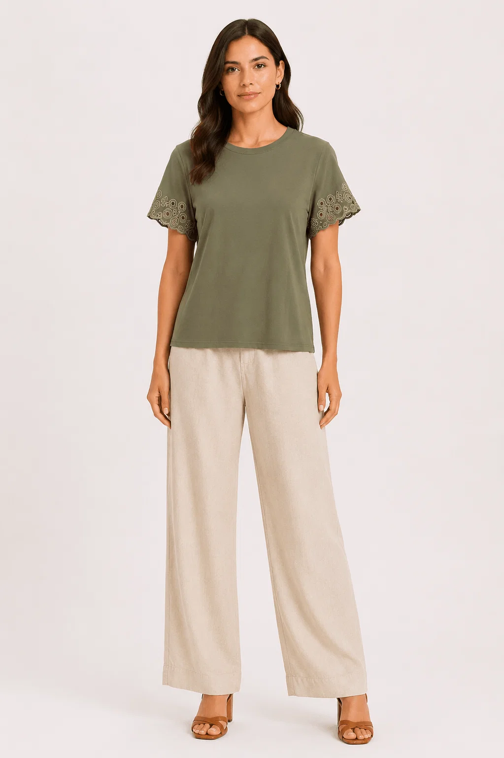 Blusa Manga Curta Bordado Flor Geométrica - Verde — imagem 1