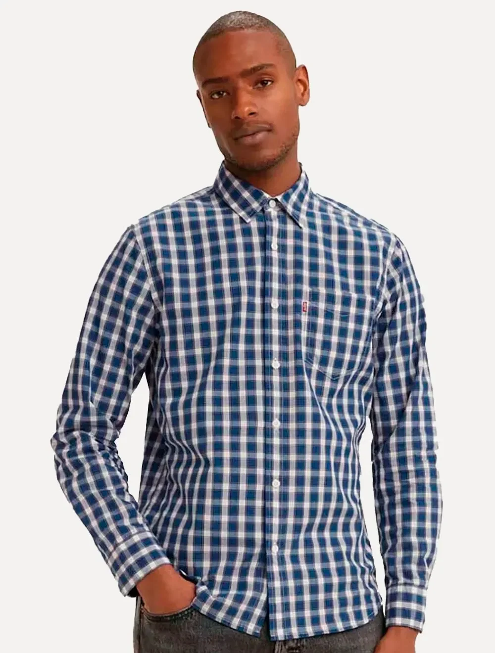 Camisa Levis Masculina Sunset One Pocket Nash Plaid Xadrez Branca / Azul