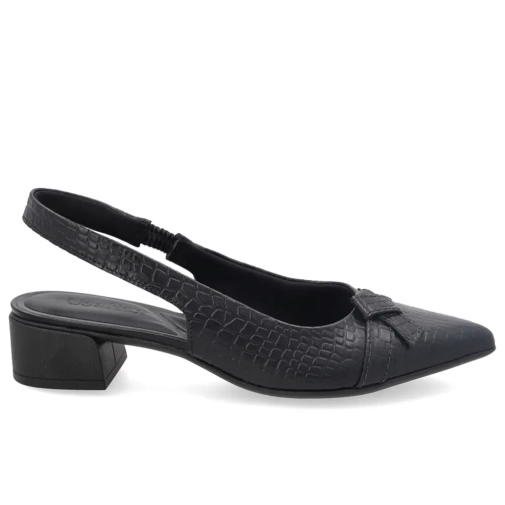 Slingback Em Couro Mini Croco Preto Com Laço