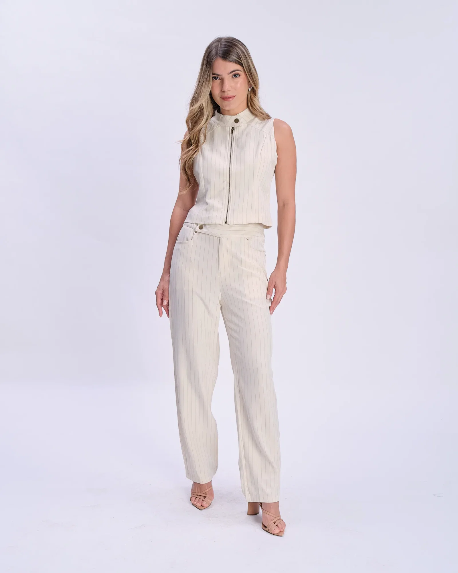 Calça Alfaiataria Listrada Cós Largo - Nude — imagem 1