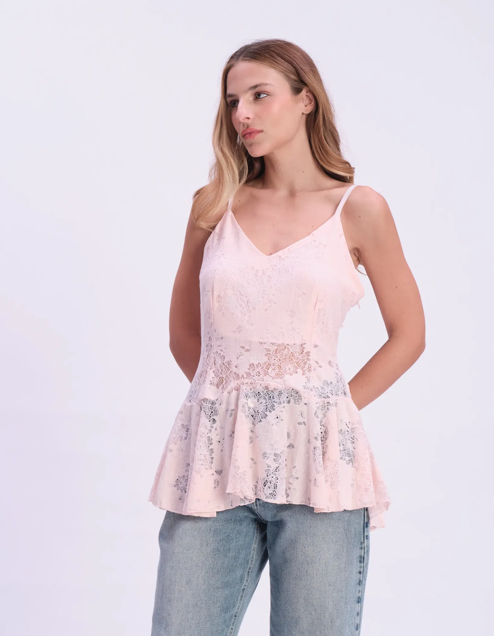 Blusa Alça Fina Renda Devorê - Rosa