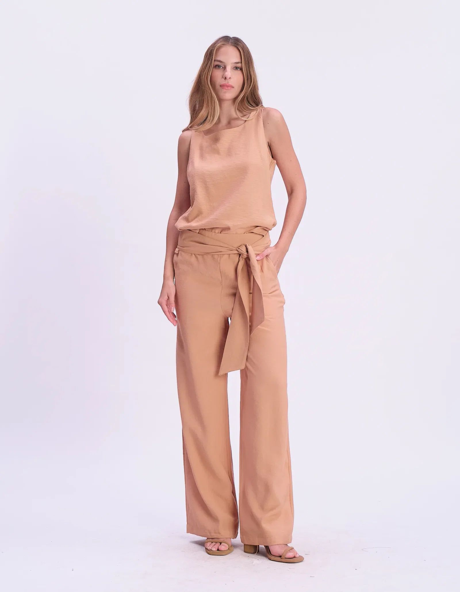 Calça Pantalona Com Faixa - Bege