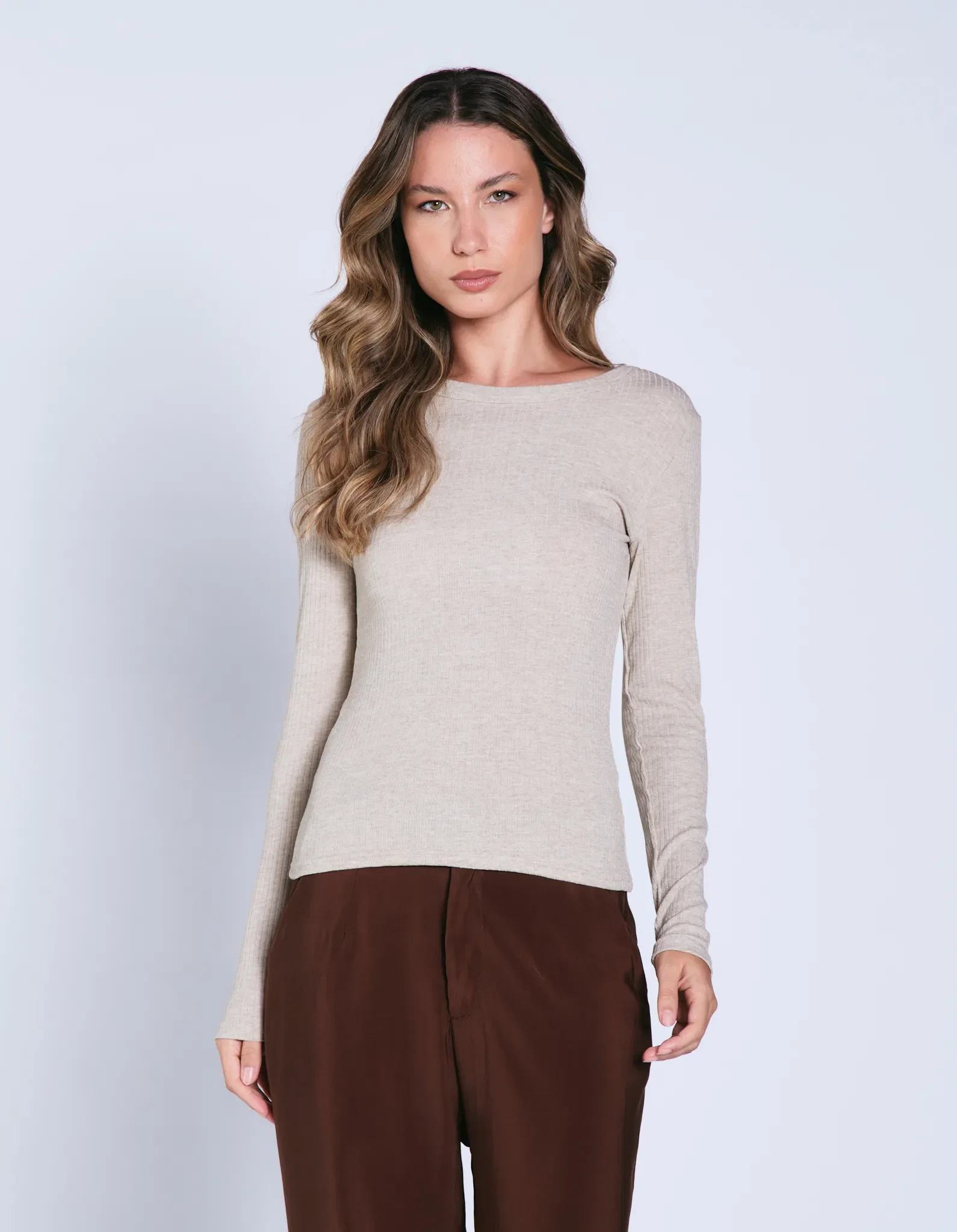 Blusa Manga Longa Decote Redondo - Caqui