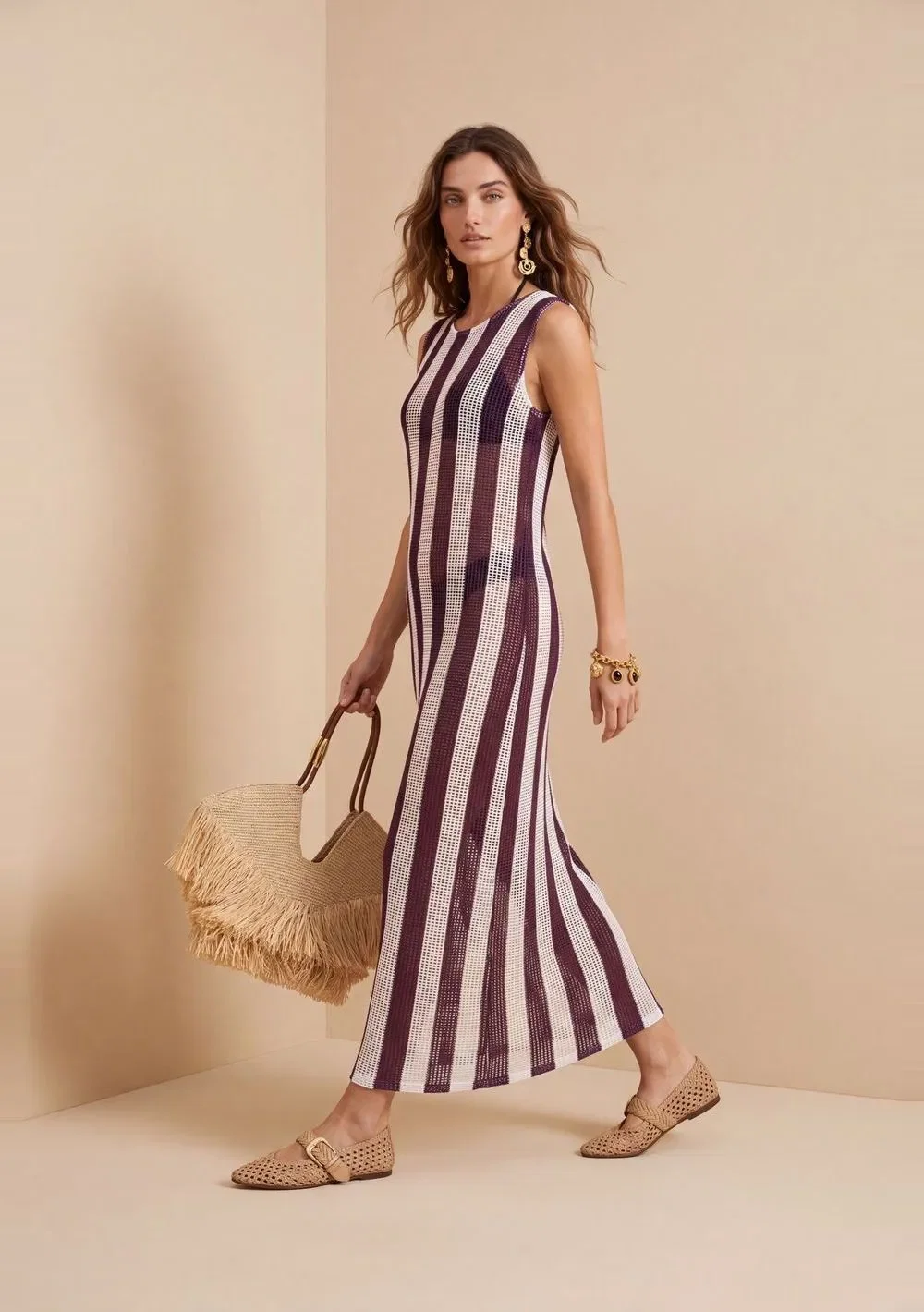 Vestido Morena Rosa Solto Decote Careca Sem Manga Midi Marrom