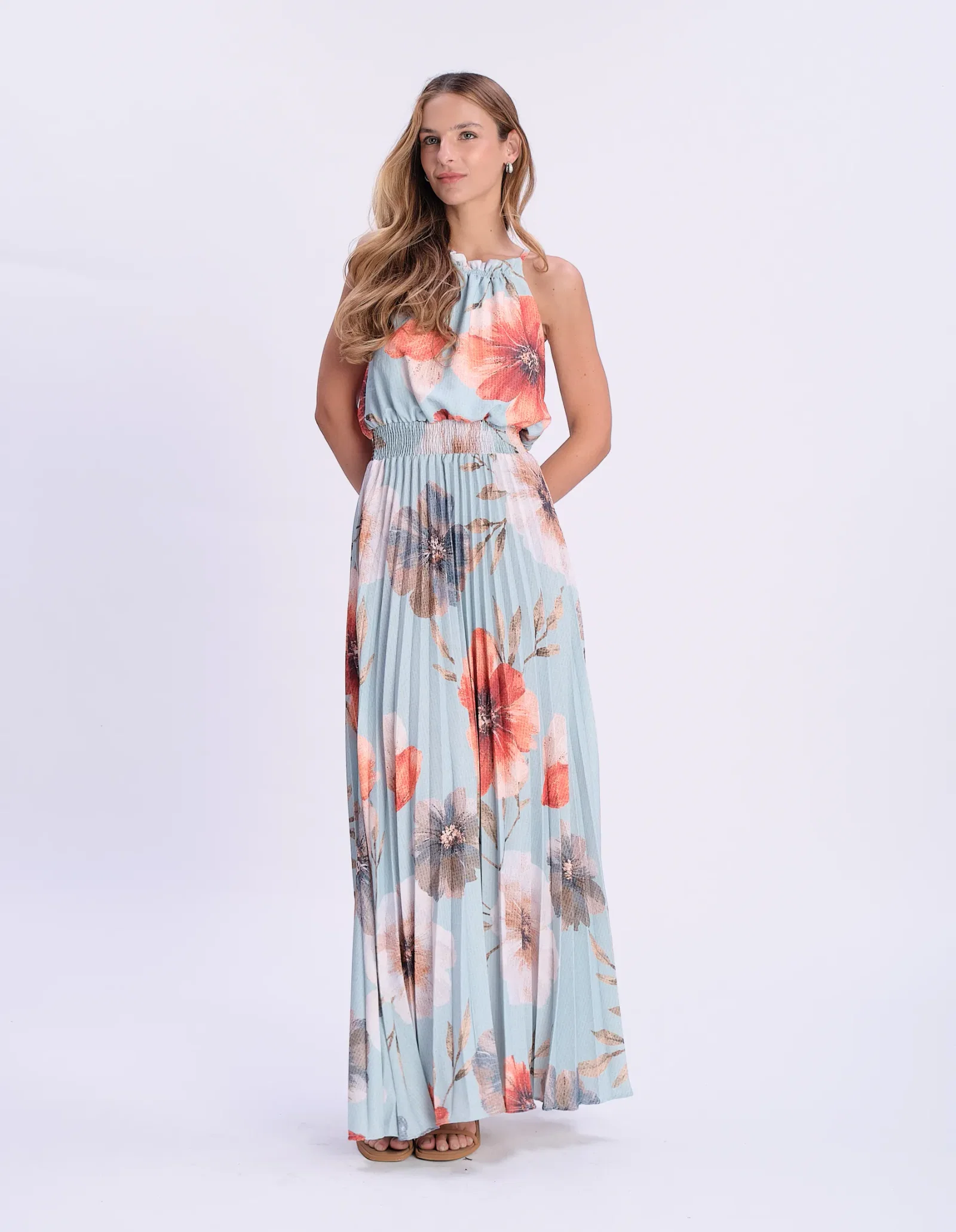Vestido Acinturado Estamp Floral Lastex - Azul Claro
