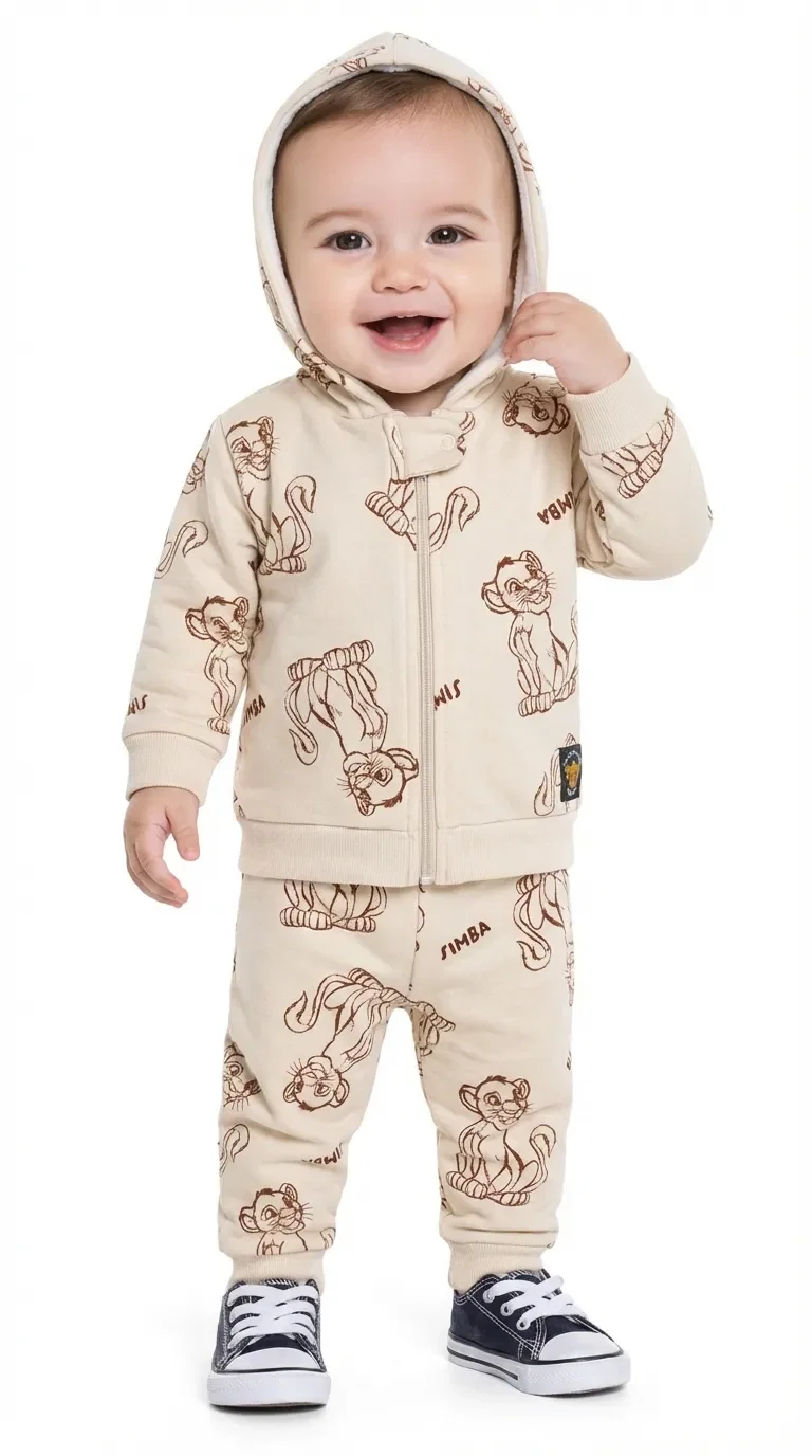 Conjunto jaqueta com capuz e calça em moletom Simba