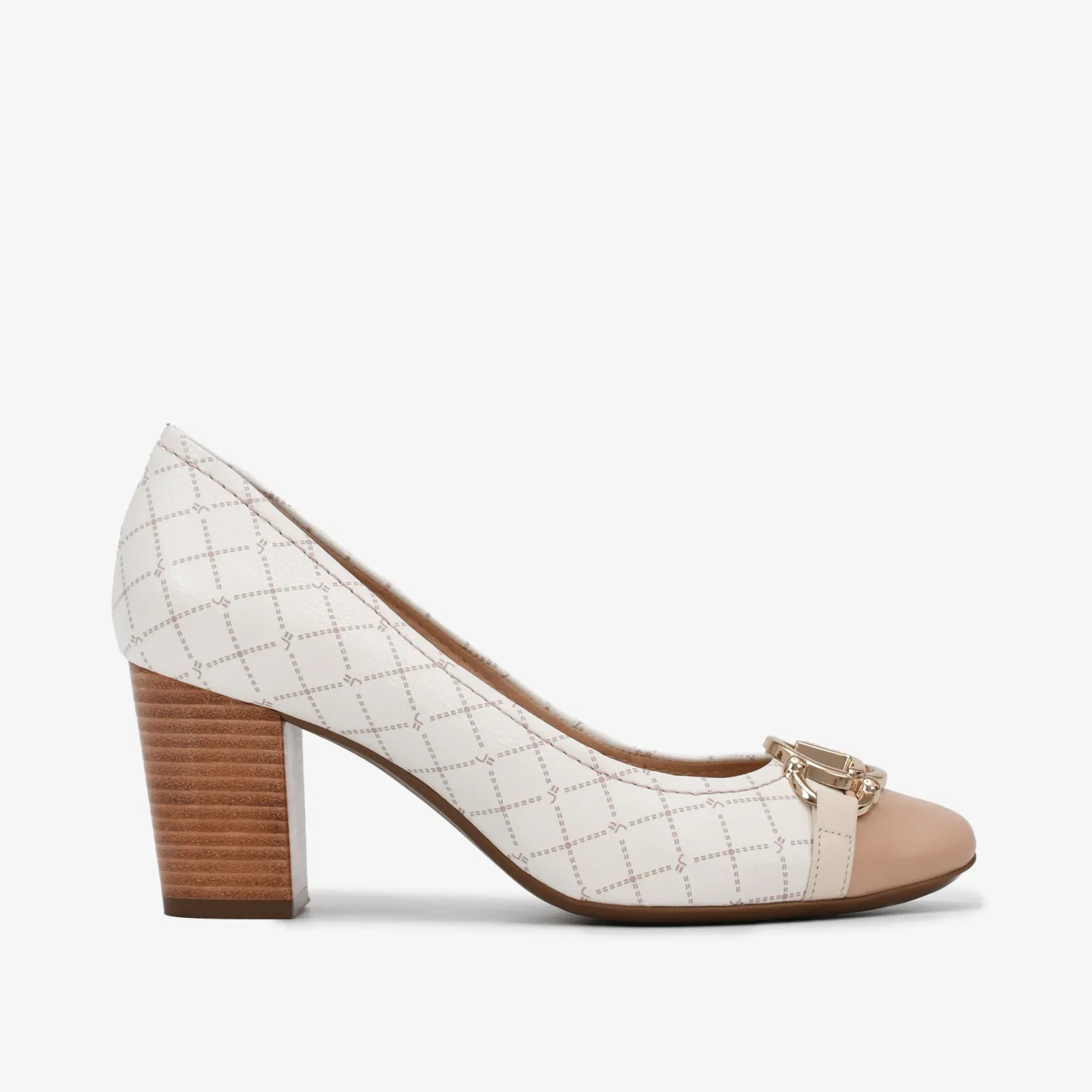 Scarpin Salto Bloco Off White Marrom Monograma Jb Couro
