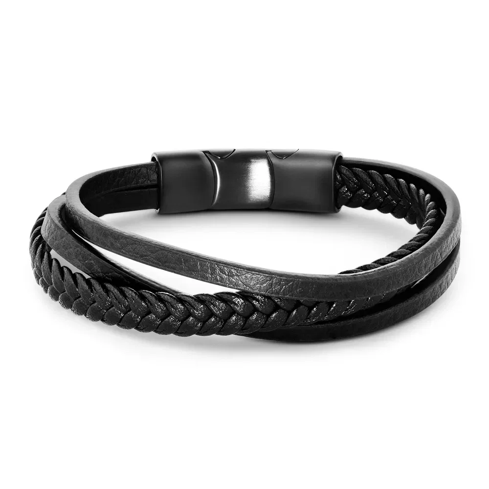 Pulseira Life Trançada III em Couro Preto com Aço — imagem 1