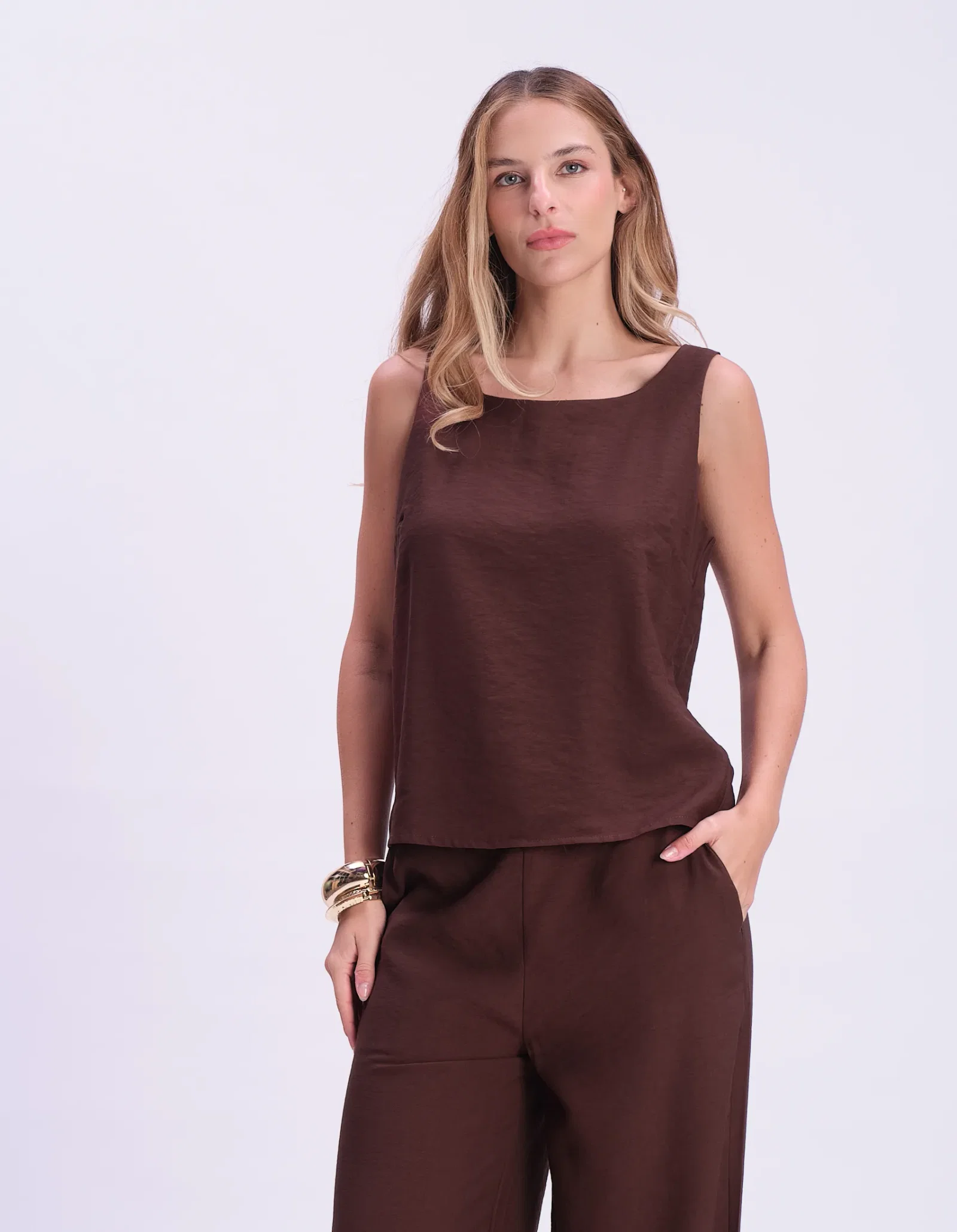 Blusa Sem Manga Alfaiataria - Cafe