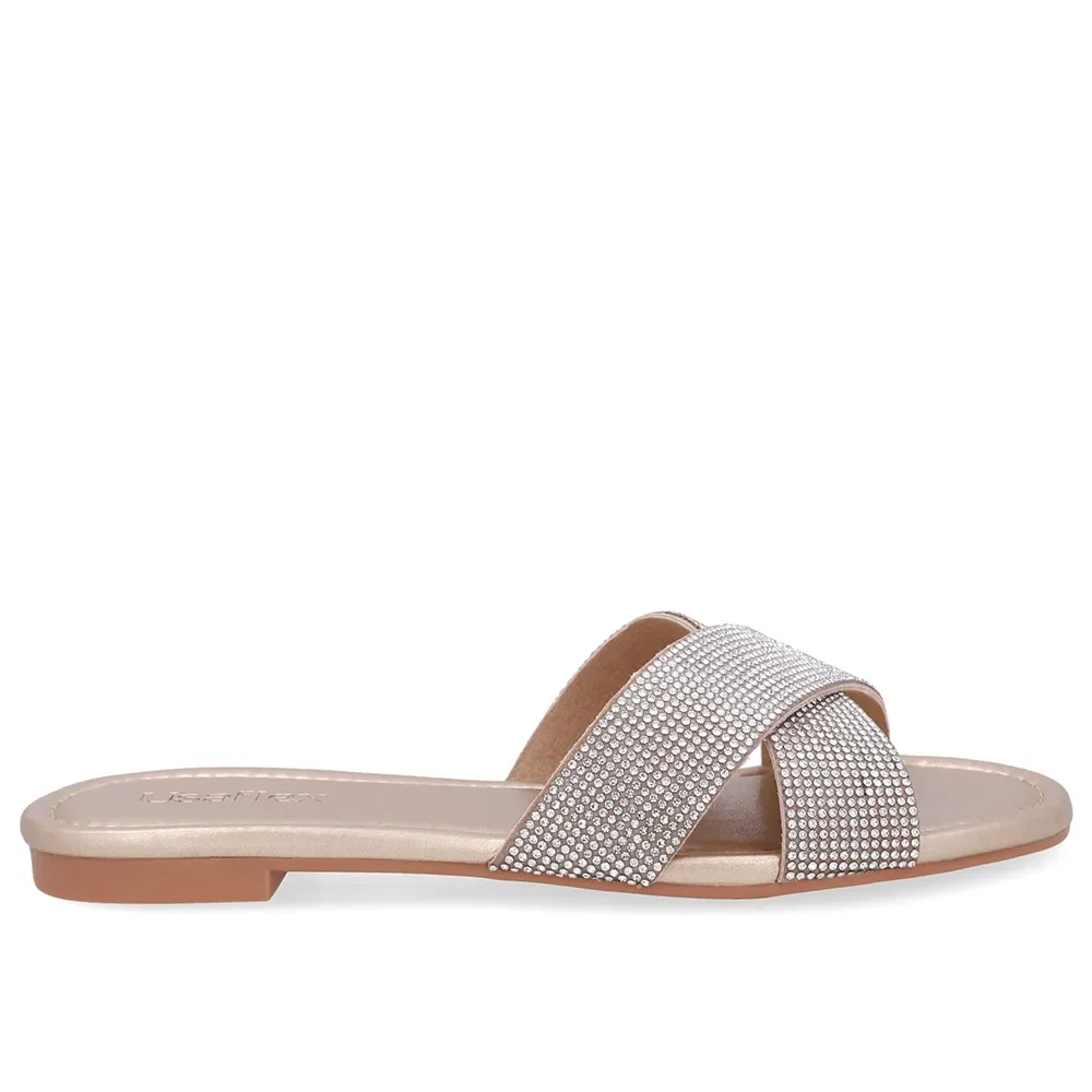 Slide Dourado Rasteiro Tira Strass