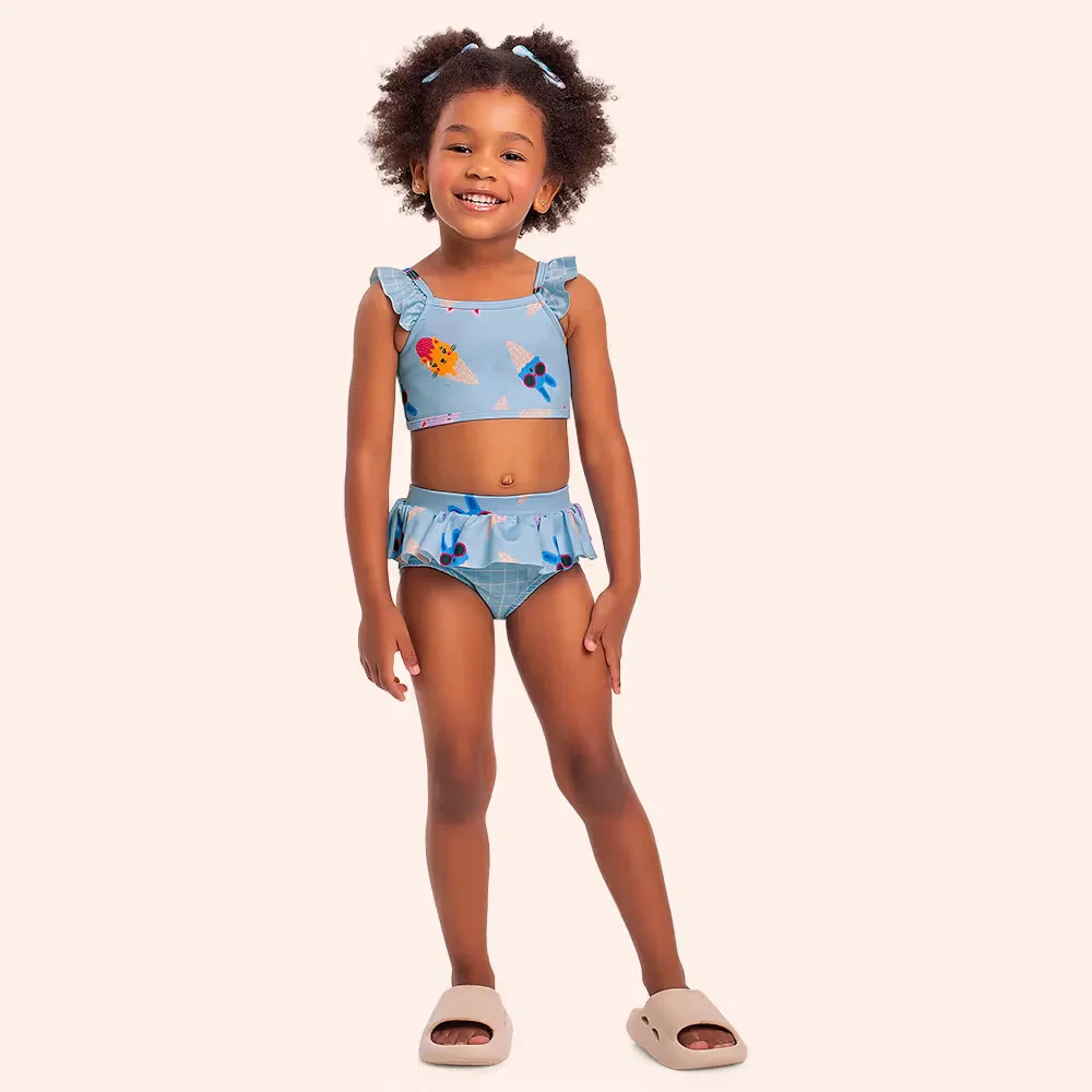 Conjunto biquíni infantil estampa sereia com proteção uv
