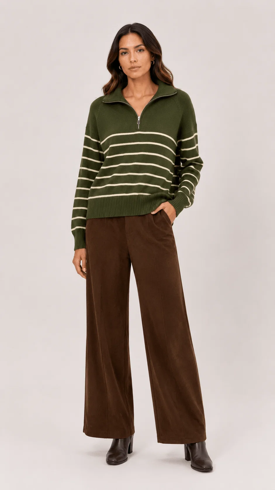 Casaco Tricot Listras Gola Polo Zíper - Verde — imagem 1