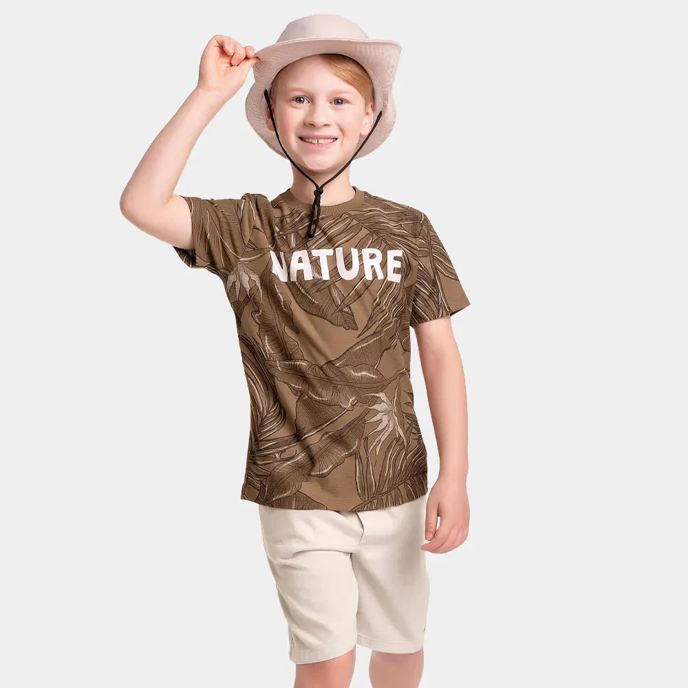 Conjunto camiseta nature em malha flamê e bermuda tingida reativa