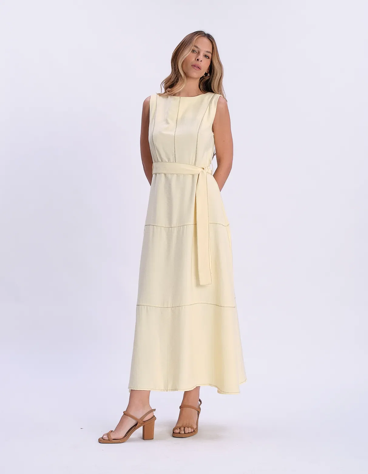 Vestido Longo Pesponto Contrastante - Amarelo