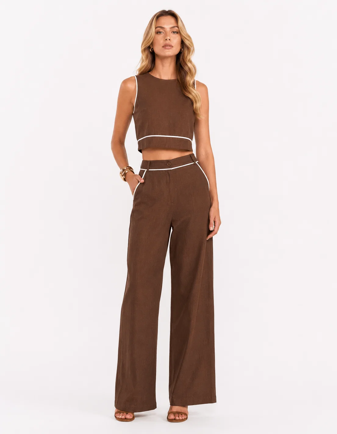 Calça Viscolinho Detalhe Bicolor - Marrom