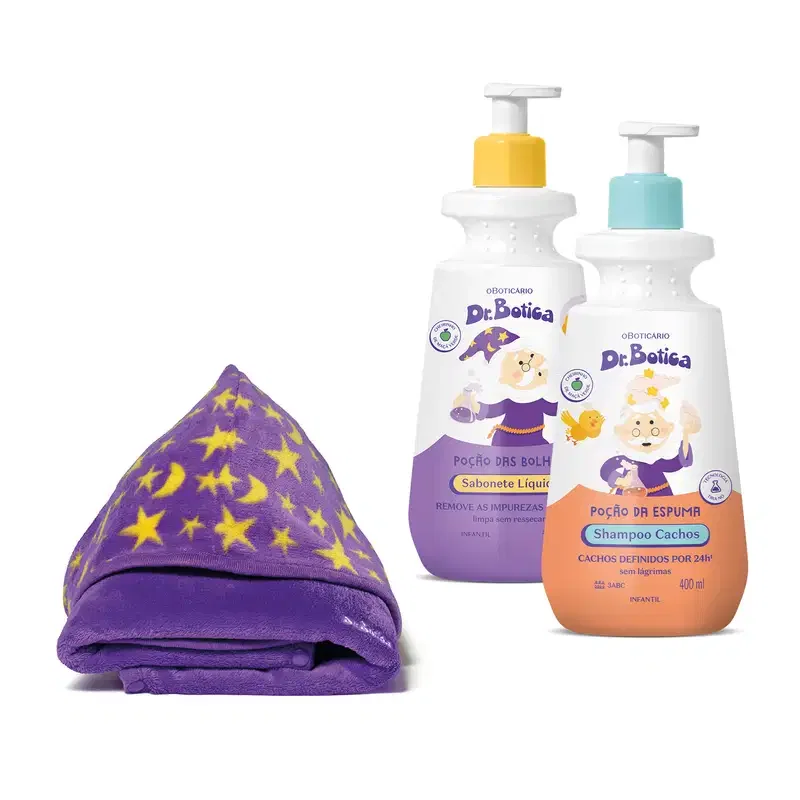 Combo Dr. Botica Hora do Banho: Shampoo Infantil Cacheados 3 ABC 400ml + Sabonete Líquido Infantil 400ml +Roupão Infantil
