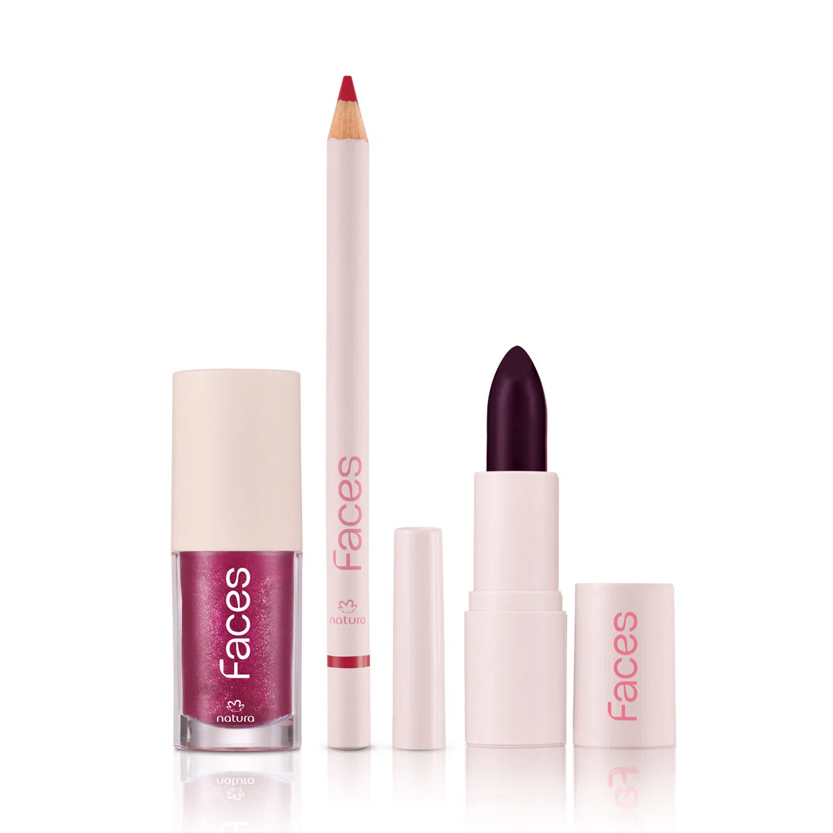 Kit Batom Vinho Rocks, Lápis Red Love e Gloss Malva Vibe Faces — imagem 1