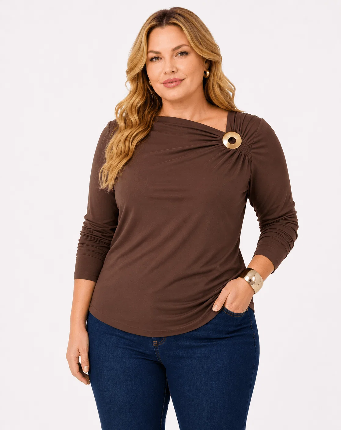 Blusa Manga Longa Detalhe Franzido Metal - Marrom