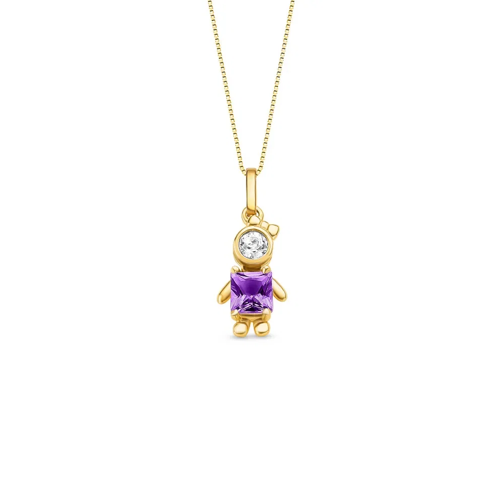 Pingente Menina em Ouro Amarelo 18k com Ametista Roxa e Topázio Incolor, 18.5mm