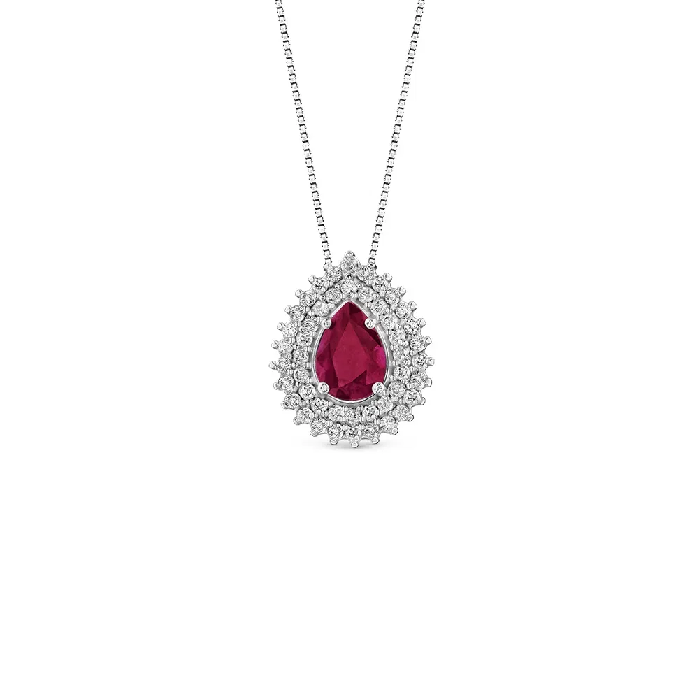 Pingente Clássico em Ouro Branco 18k com Rubi e Diamantes, 14mm