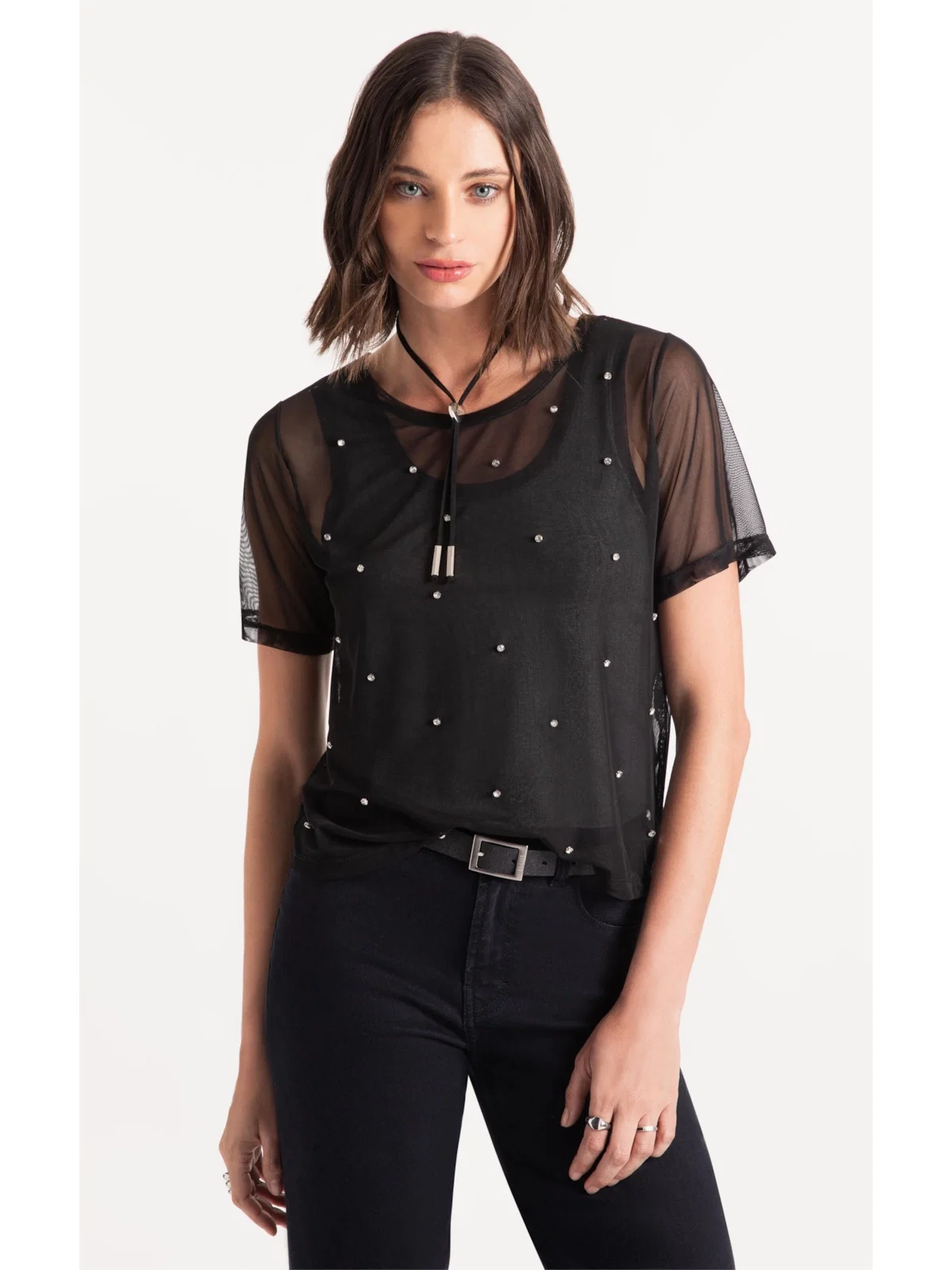 Blusa Tule Shine Strass Preto