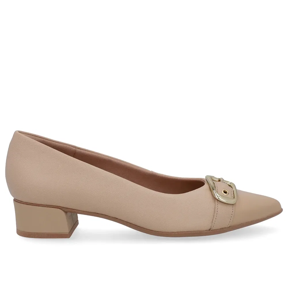 Scarpin Bege Couro Bico Fino Fivela