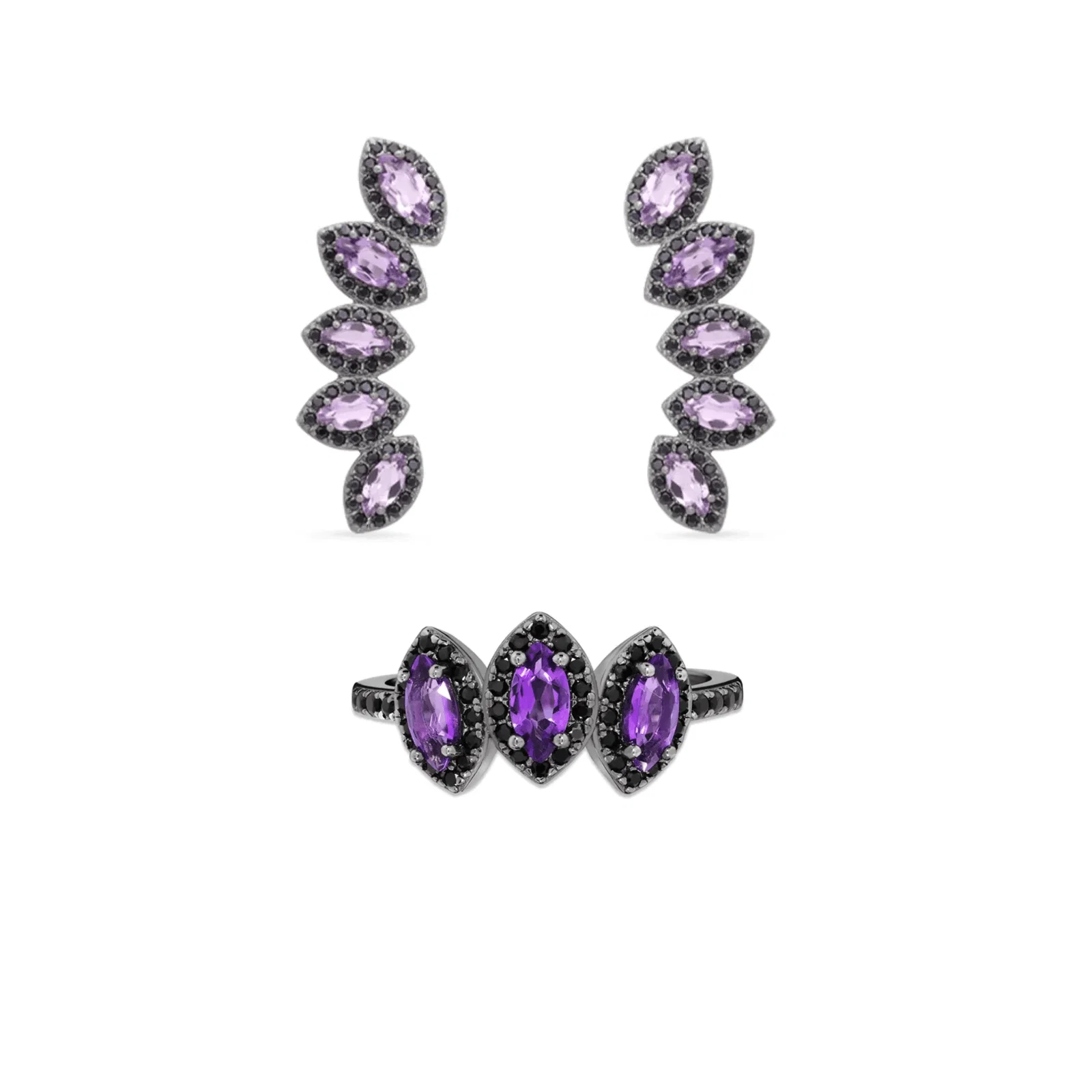 Conjunto Anel + Brinco Ear Cuff em Prata 925 com Ametistas Roxa e Espinélios