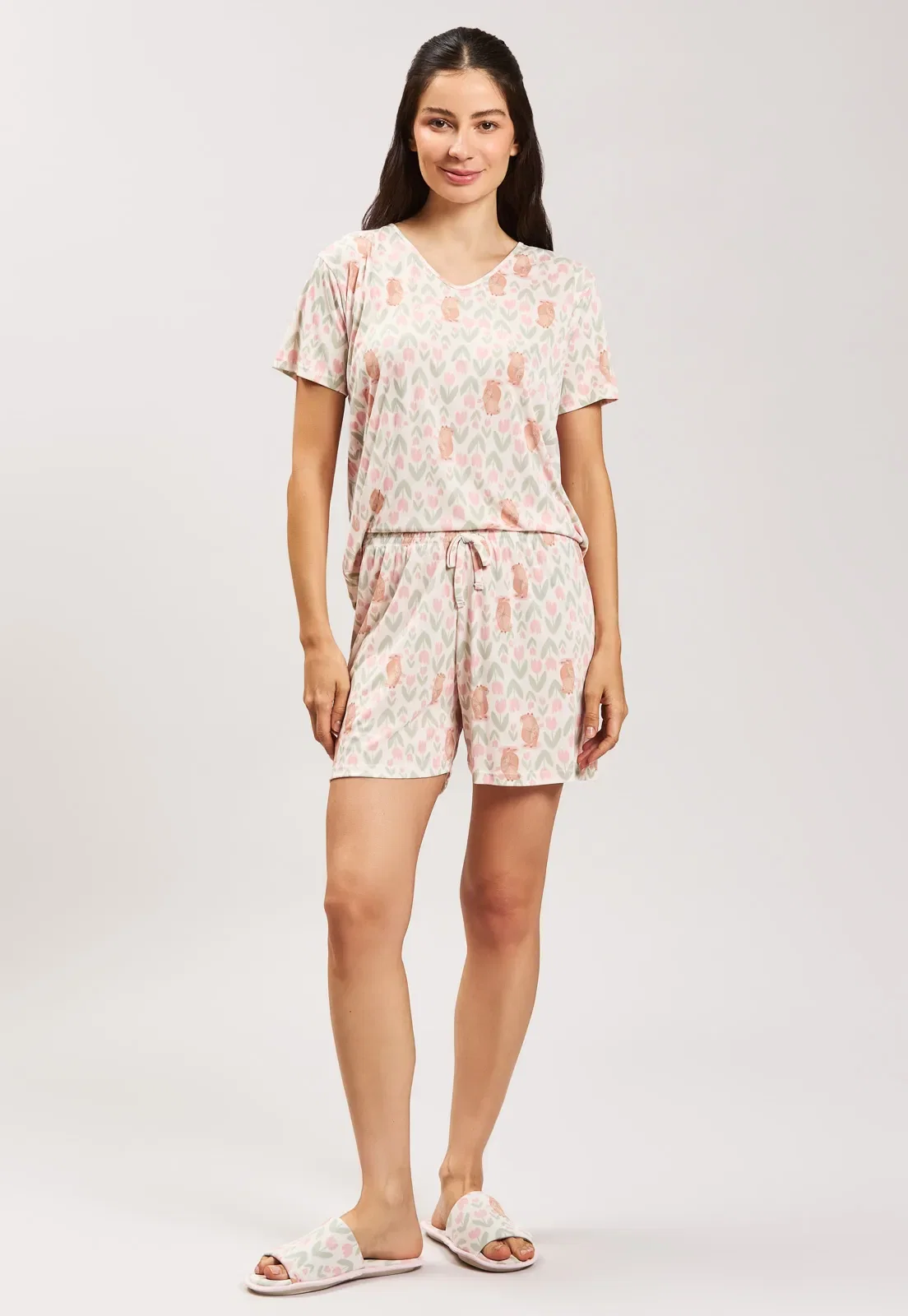 Pijama Com Shorts Midi Microfibra Baunilha