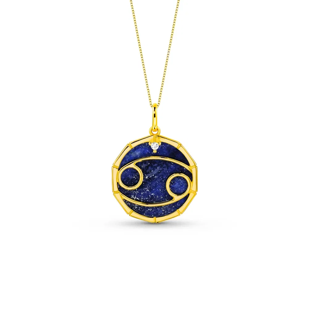 Pingente ZodíAço Câncer em Ouro Amarelo 18k com Lápis Lazuli e Safira Incolor, 17mm — imagem 1