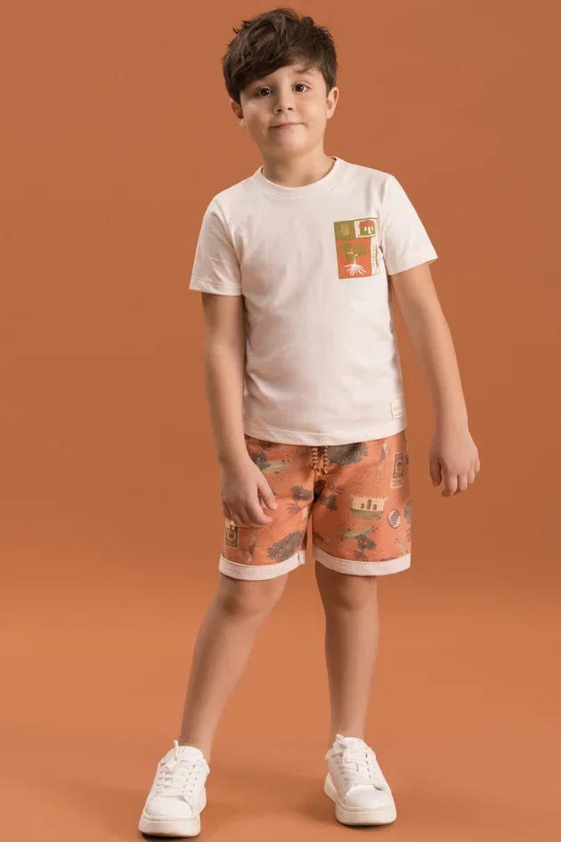 Conjunto Infantil Camiseta em Malha e Bermuda de Moletom Texturizado Eco Estampado