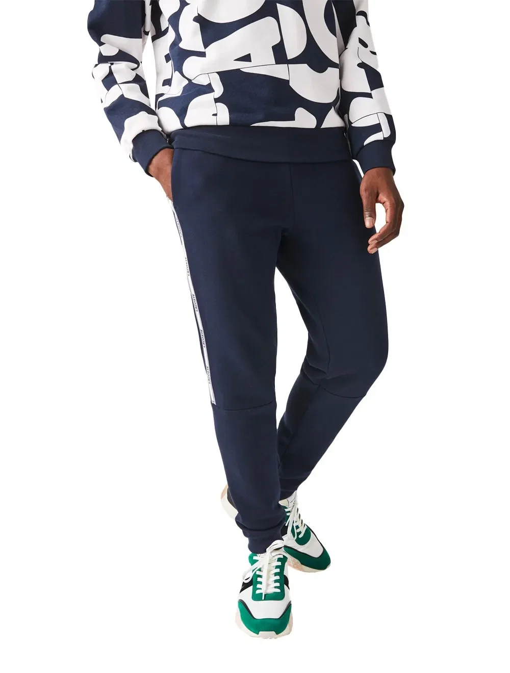 Calça Lacoste Moletom Masculina Side Sash Brand Recorte Azul Marinho
