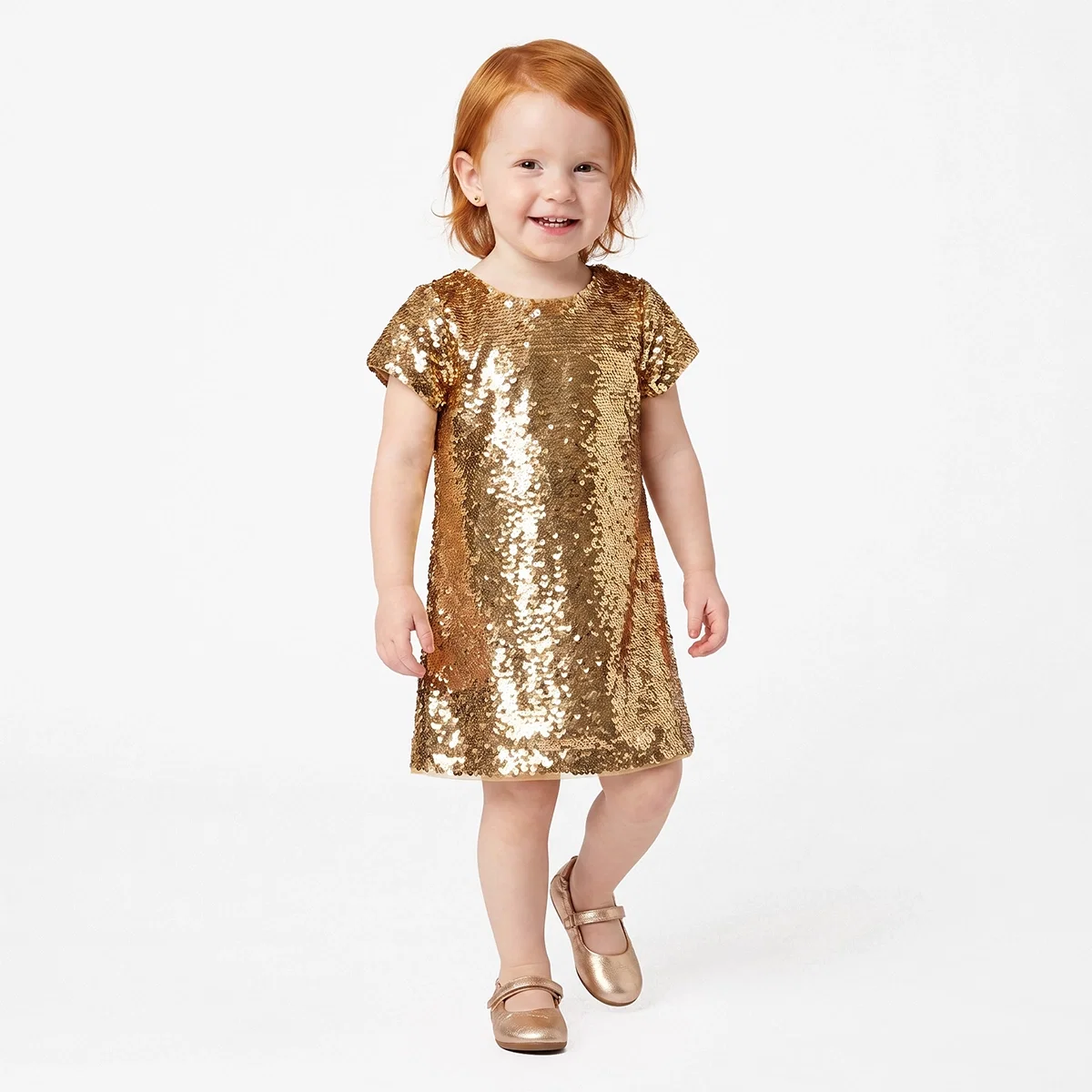 Vestido Festivo Manga Curta Toddler Dourado Em Paetê Tip Top