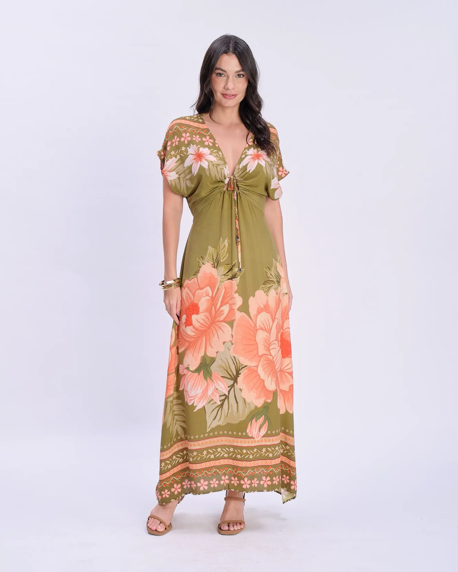 Vestido Longo Estampado Floral Barrado - Verde Oliva — imagem 1