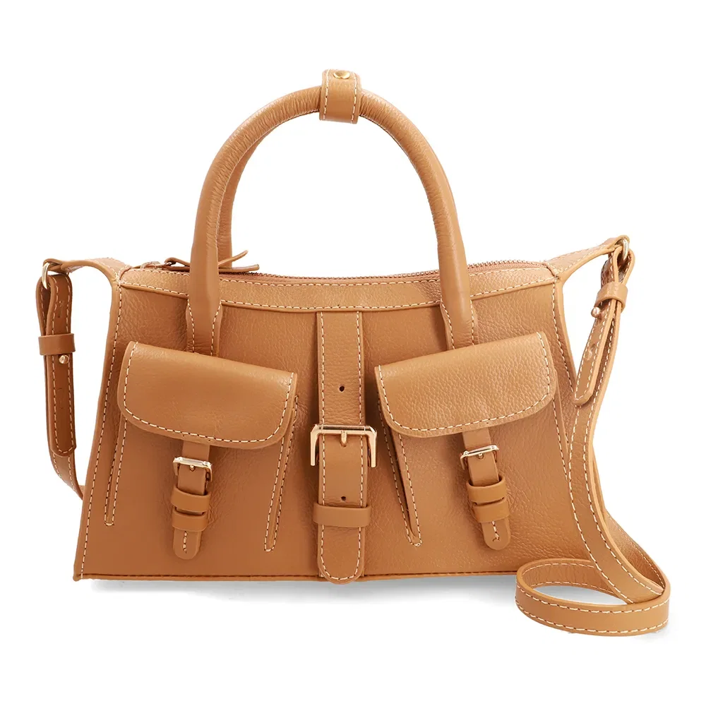 Bolsa Tote Em Couro Amarelo Com Zíper e Bolsos Frontais — imagem 1