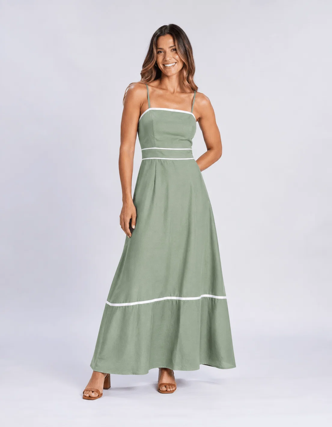 Vestido Longo Detalhe Vivos Contrastante - Verde Claro — imagem 1