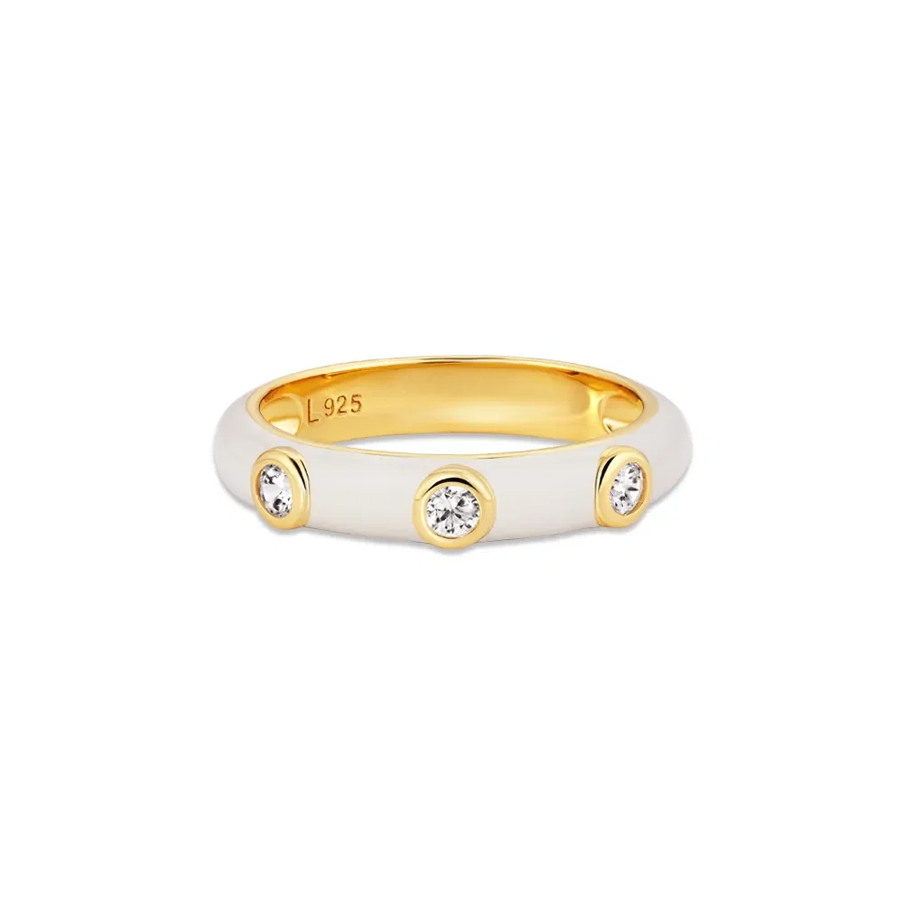 Anel Life Joyful em Prata 925 com Banho de Ouro Amarelo 18k, Pedras Incolores e Esmalte