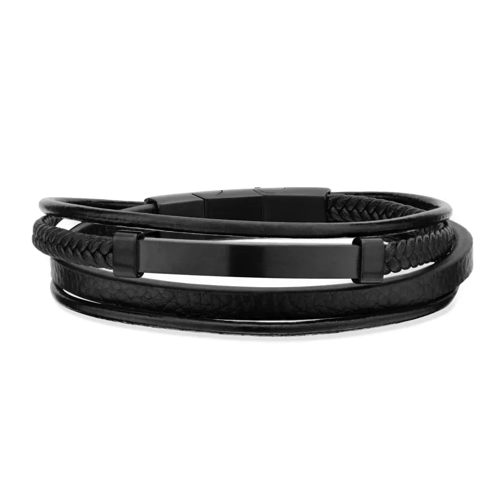 Pulseira Life em Couro IV Preto com Aço