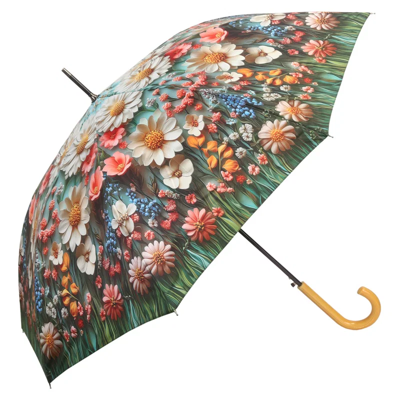 Guarda Chuva Tecido Estampa Floral Cabo Curvo Cor Madeira