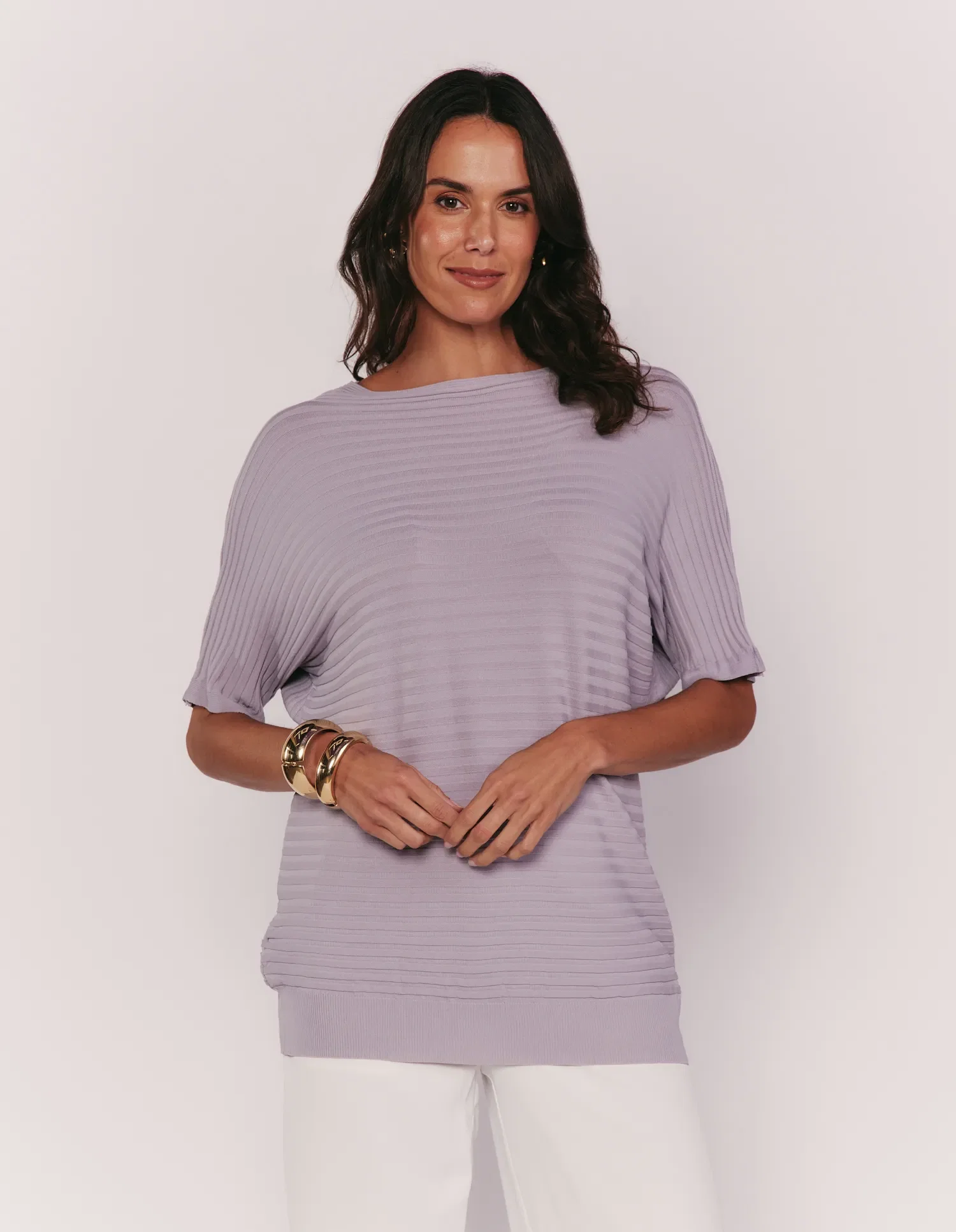 Blusa Ampla Tricot Canelado Barra Larga - Cinza