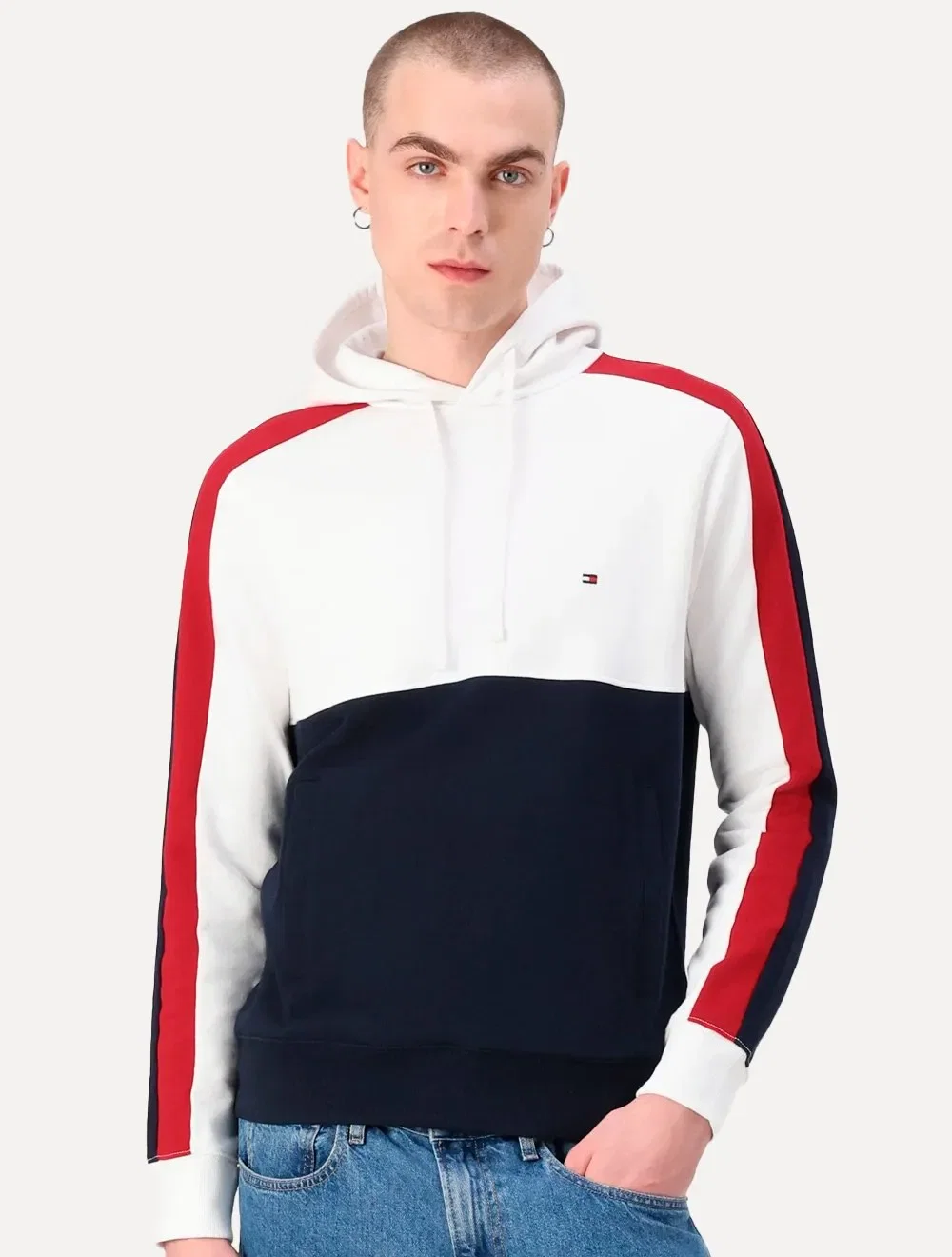 Jaqueta Tommy Hilfiger Masculina Stripe Block Hoodie Marinho Vermelho Branco