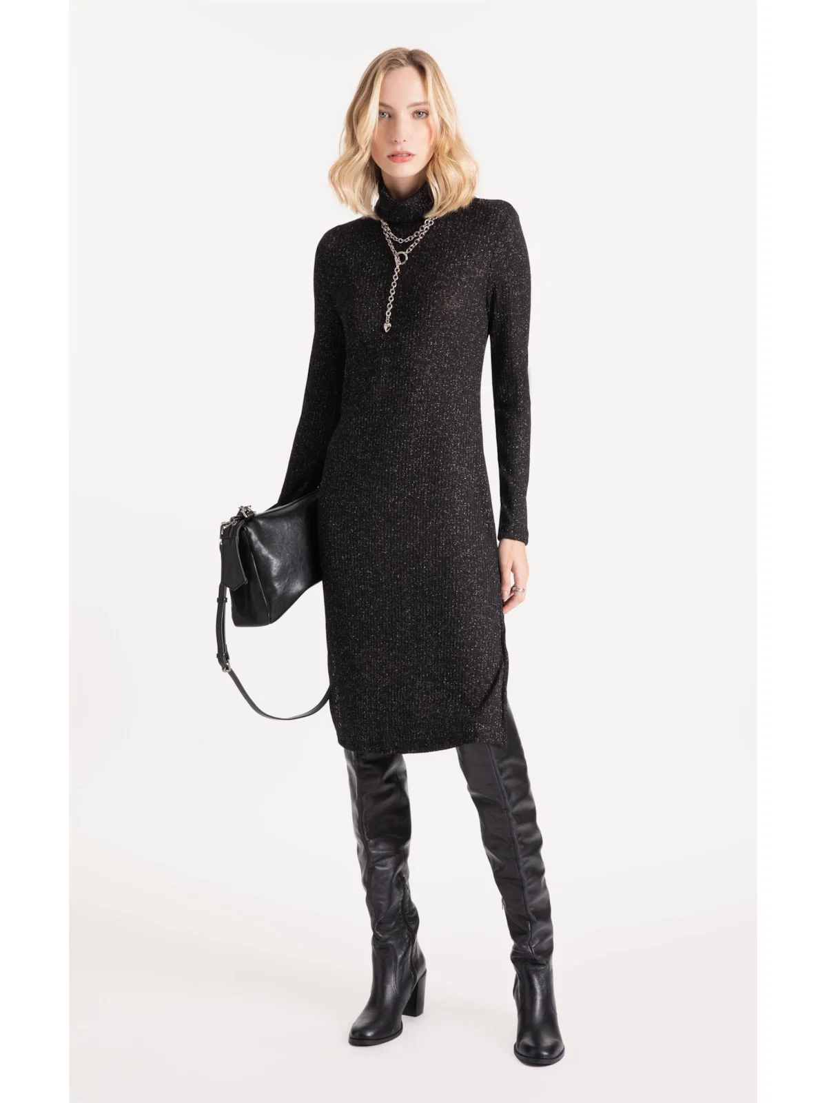 Vestido Metalic Turtle Neck Midi Preto