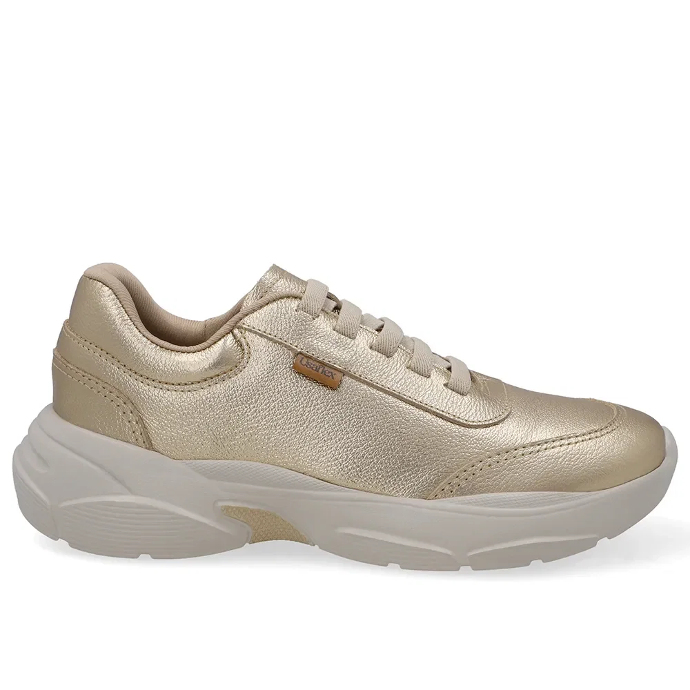Tênis Casual Em Couro Dourado