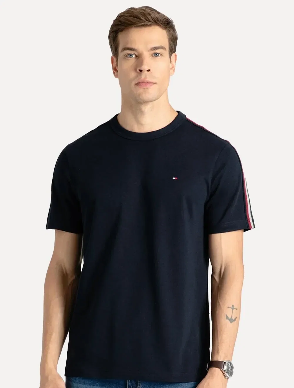 Camiseta Tommy Hilfiger Masculina Piquet Global Stripe Tape Marinho