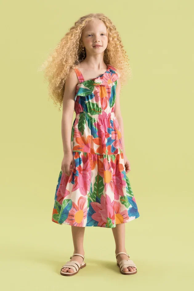 Vestido Infantil Midi Estampado em Tricoline com Um Ombro Só